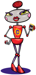Cartoon robot holding phone
